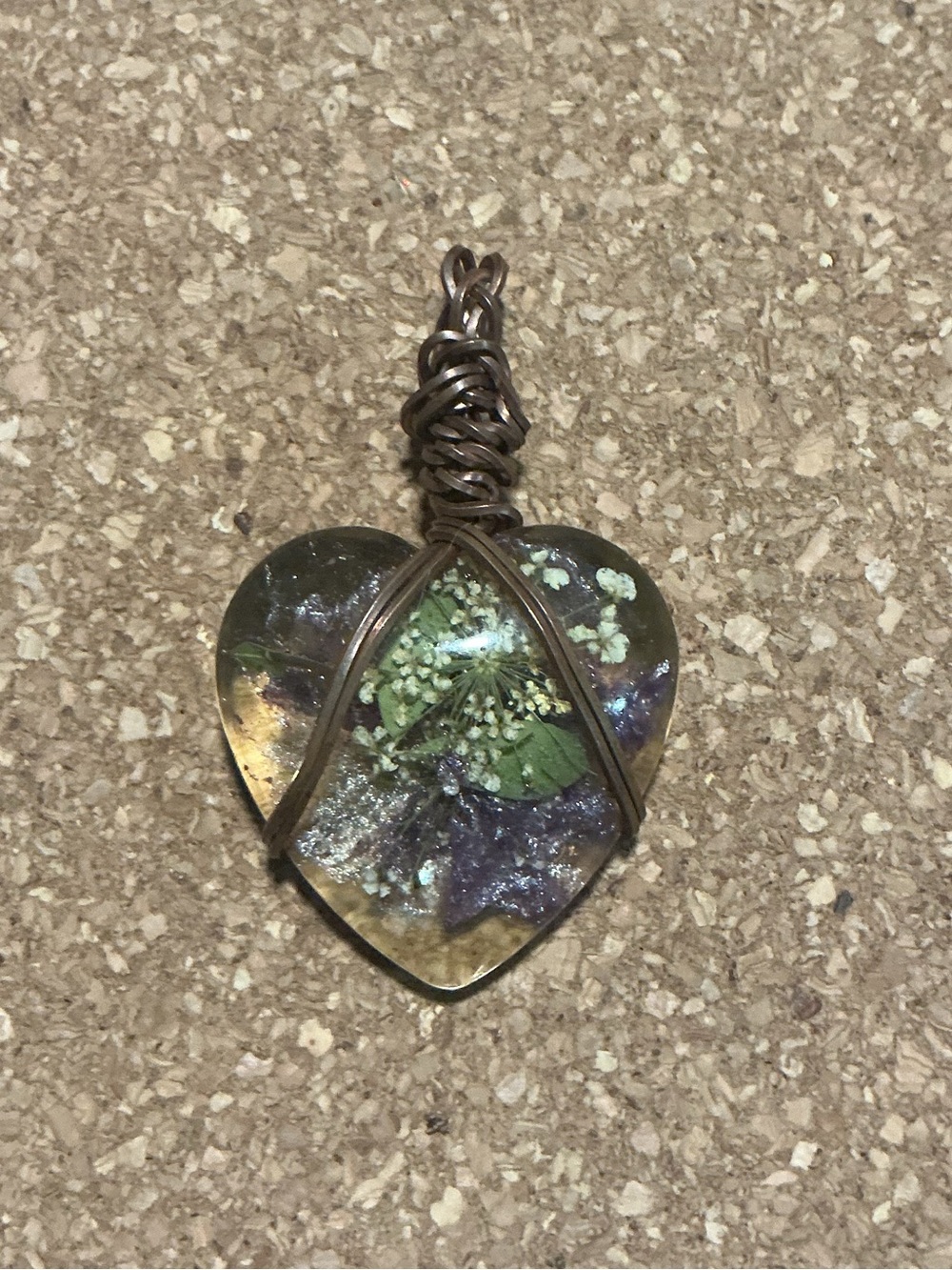 Handmade Heart Resin Pendant with Green and Purple Accents